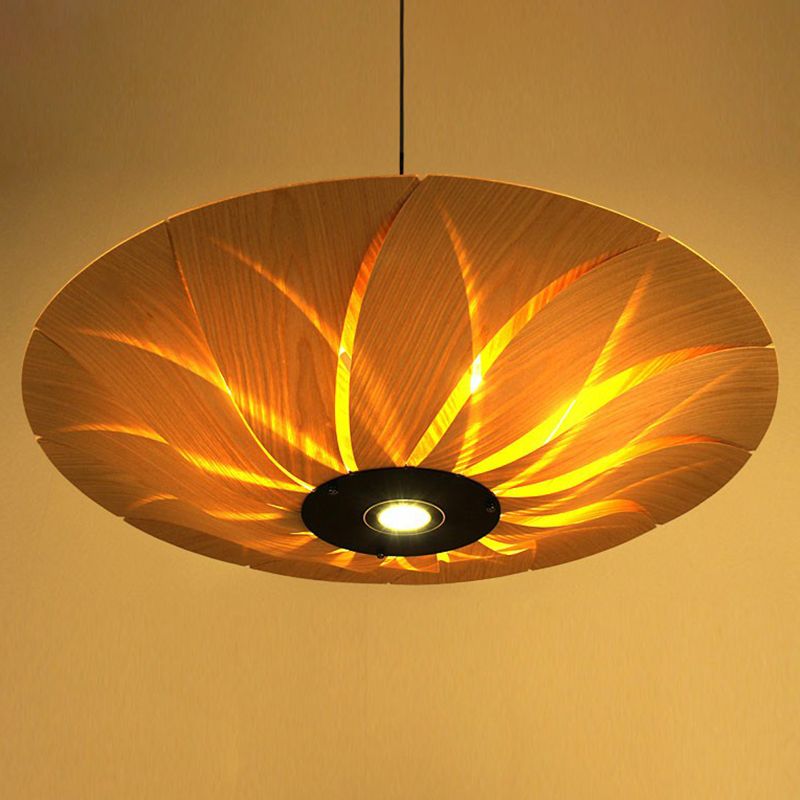 Wood Veneer Lotus Leaf Shaped Ceiling Light South-East Asia 1 Head Hanging Pendant Light