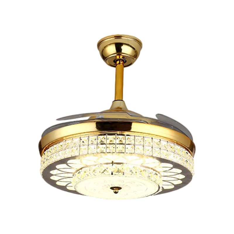 Gold Finish 42" Wide LED Semi Flush Contemporary Clear Crystal Blocks Drum Ceiling Fan Light with 3 Blades