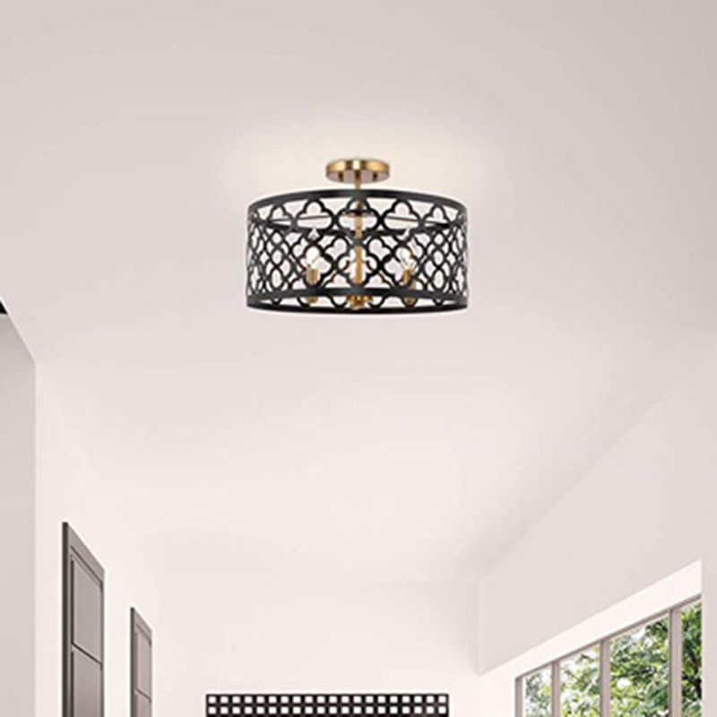 3-Lights Candlestick Industrial Style Ceiling Light with Flower-shaped Hollow Iron Cage Shade for Dining Room