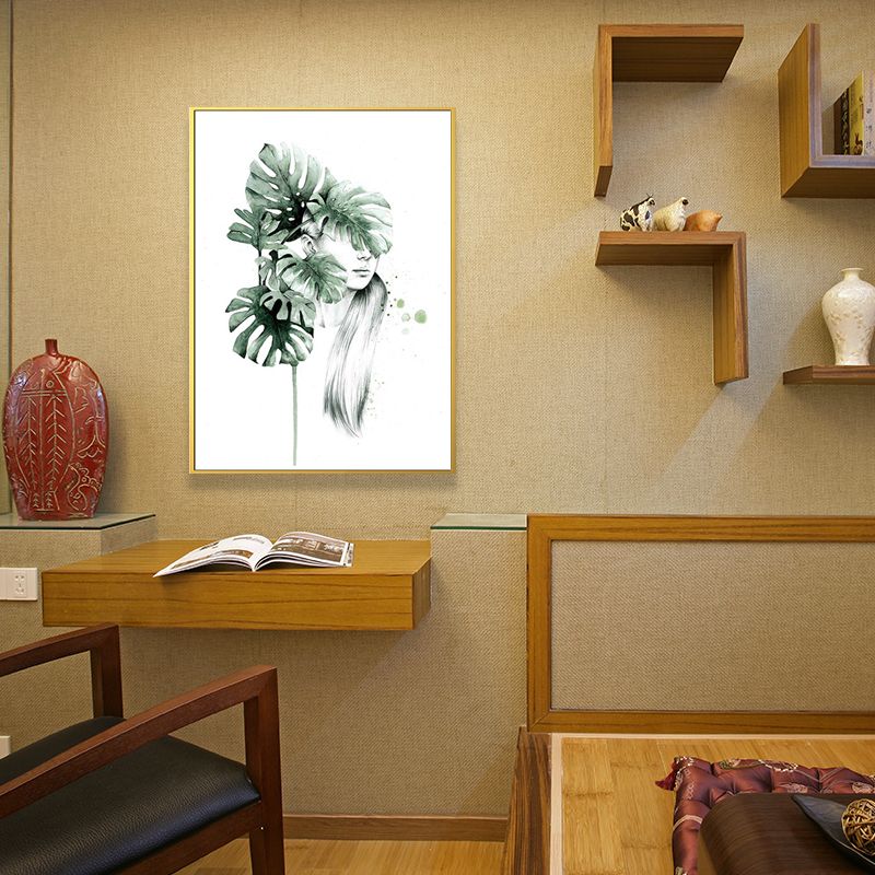 Textured Figure and Botanical Painting Canvas Glam Style Wall Art Decor for Bathroom