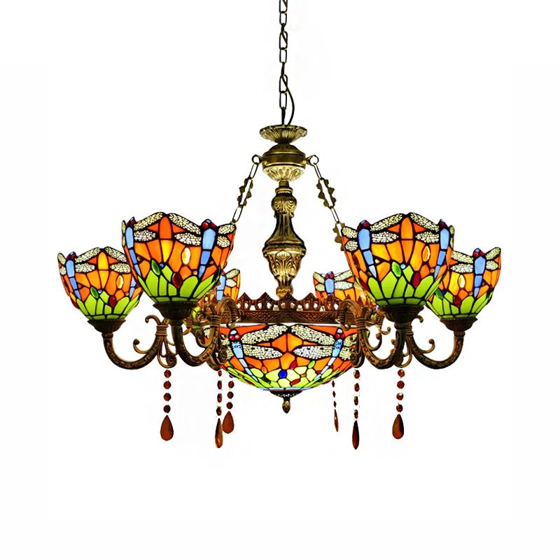 Chandeliers for Living Room, Dragonfly Pendant Ceiling Lamp with Stained Glass Shade and Amber Crystal Decoration