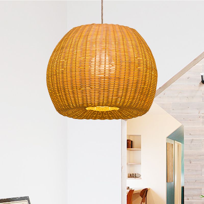 Dome Handwoven Rattan Hanging Pendant Contemporary 1-Bulb Beige Suspension Light for Restaurant