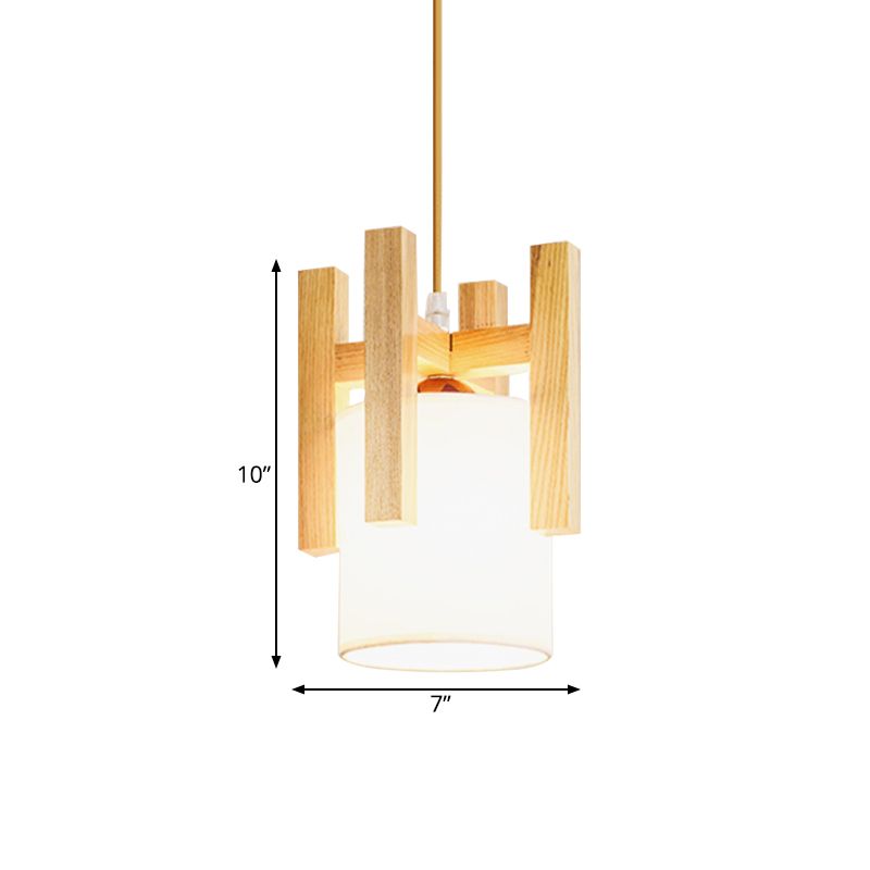 White Barrel Small Hanging Light Japanese Single Fabric Suspension Pendant Light with Wood Cage Top