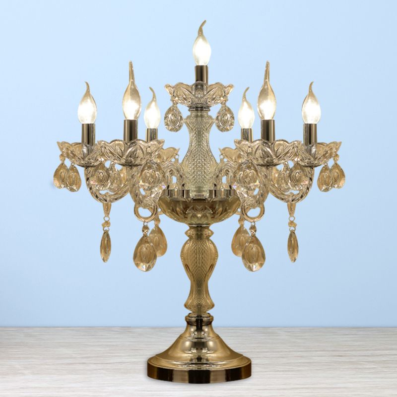 Candelabra Bedroom Table Light Traditional Clear Crystal 5/6/7 Heads Chrome Night Stand Lamp