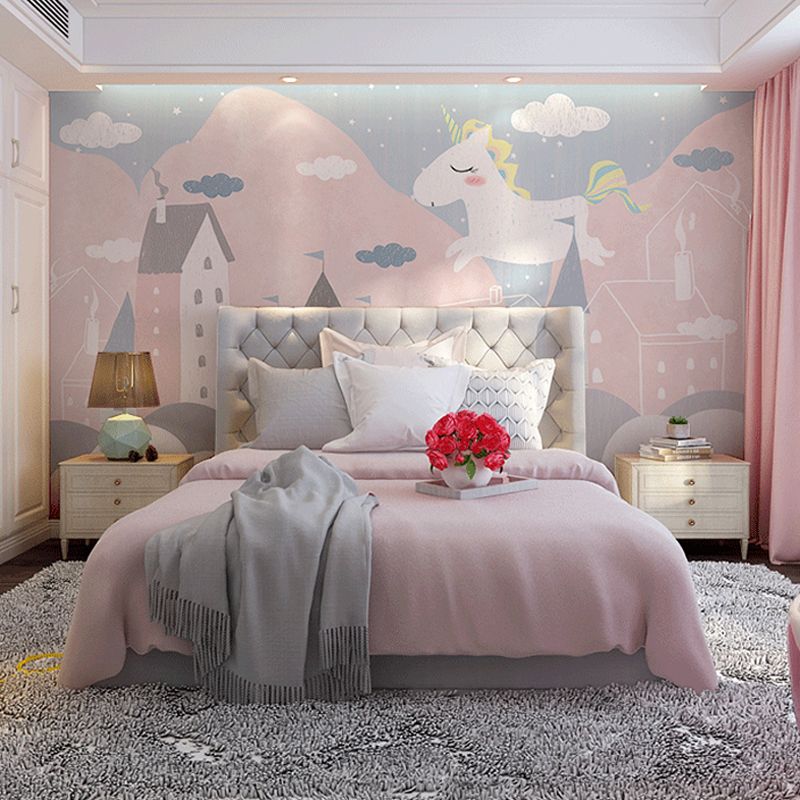 Whole Tiny Horse Wall Covering for Children Fantasy Sky Mural Wallpaper in Pastel Pink, Water-Resistant