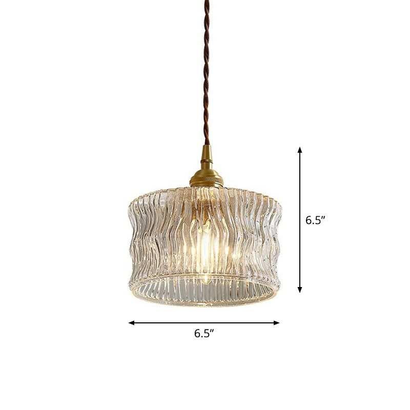 Antique Style Drum Pendant Light 1-Light Clear Ribbed Glass Hanging Light Fixture