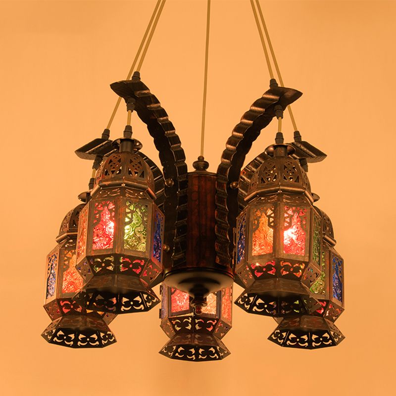 Lantern Metallic Chandelier Pendant Lamp Vintage 5 Bulbs Restaurant Hanging Light Fixture in Copper