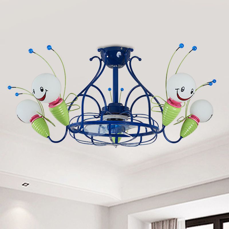 Luminaire de ventilateur de suspension radiale moderne 5 têtes Métalliques 3 lames semi-flush lampe en bleu pour chambre à coucher, 30 "de large