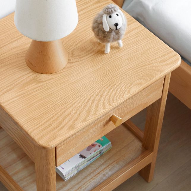 Oak and Beech Nightstand Storage Bedside Table for Nursery with Shelves