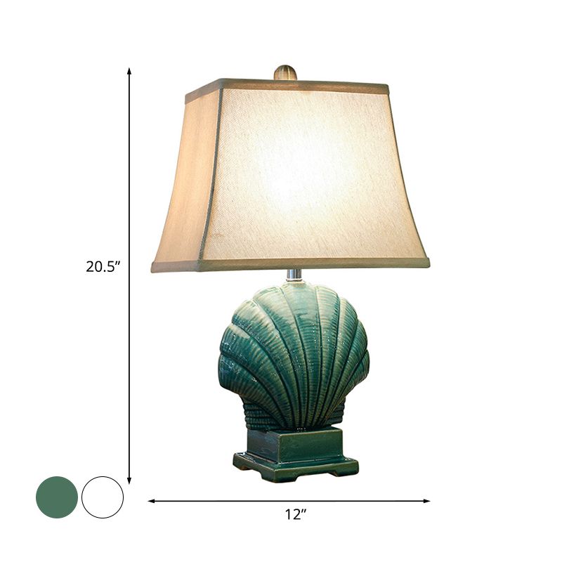 Handmade Ceramic Shell Night Light Country Style 1 Bulb Bedroom Table Lamp in Green/White with Pagoda Fabric Shade