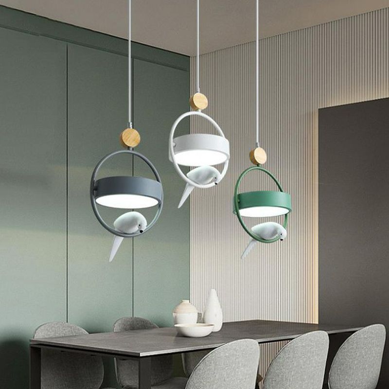 Ring Dining Room Multi Ceiling Lamp Metal 3 Bulbs Simplicity Suspension Light with Bird Decor in Gray-Green