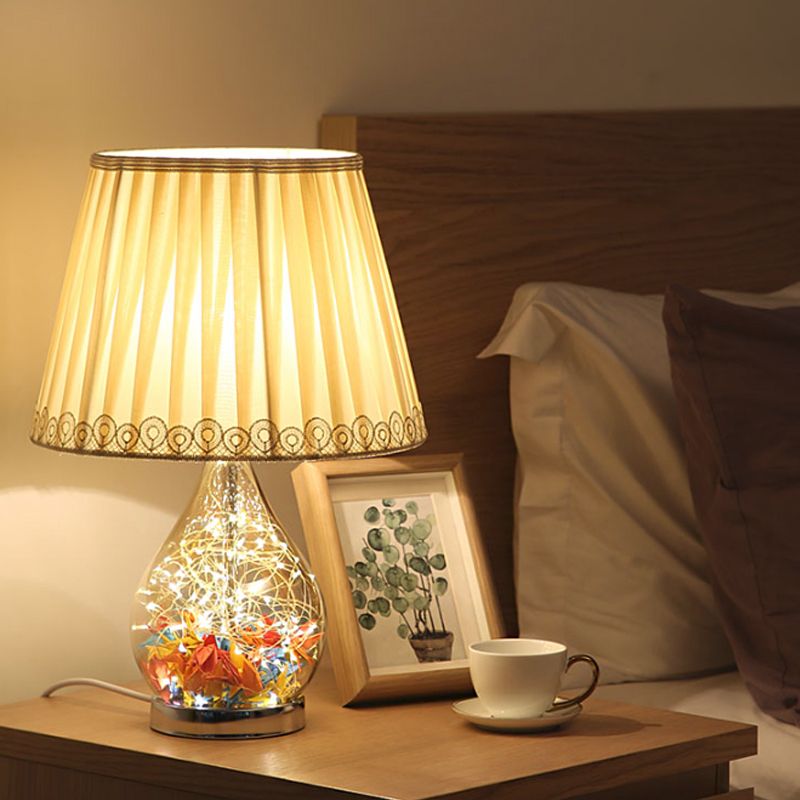 White Fold Table Light Modernism 1-Bulb Fabric Desk Lamp with Cone Base and Inner Paper Cranes Deco