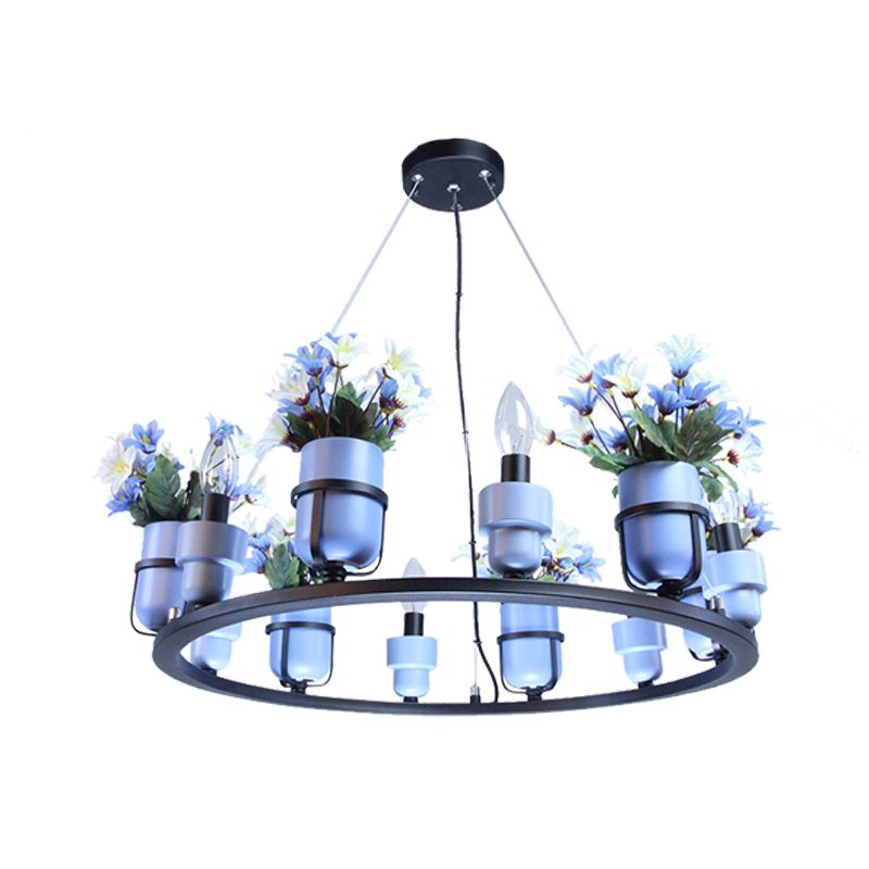 6/8 Lights Ceramic Hanging Chandelier Industrial Pink/Blue Circular Pendant Ceiling Light with Potted Plant Design