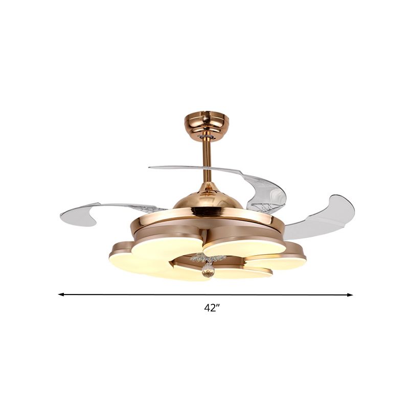 3/6 Leaf LED Ceiling Cooler Fan Modern Style Metal Rose Gold Semi Flush Mount Lamp with Crystal Drop, Frequency Conversion/Remote Control/Wall Control