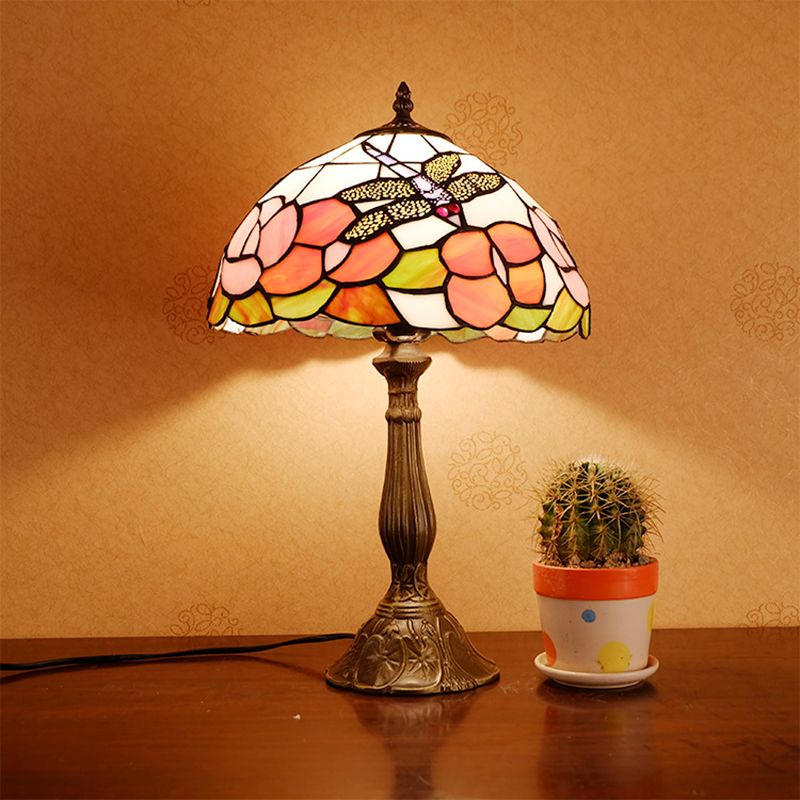 1-Light Nightstand Lamp Tiffany Dragonfly on Rose Orange/Pink/Beige Table Lighting with Bowl Shade