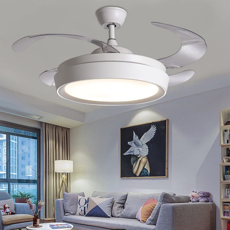 36" W LED Circular Fan Lighting Simple White Metal Semi Flush Mount Ceiling Fixture with 4 Blades, Remote/Wall Control/Remote and Wall Control