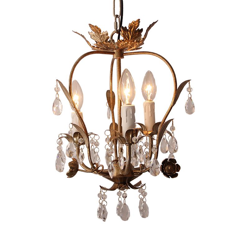 Country Style Caged Chandelier Light Iron 3 Heads Hanging Lamp with Crystal and Leaf Deco in Dark Rust