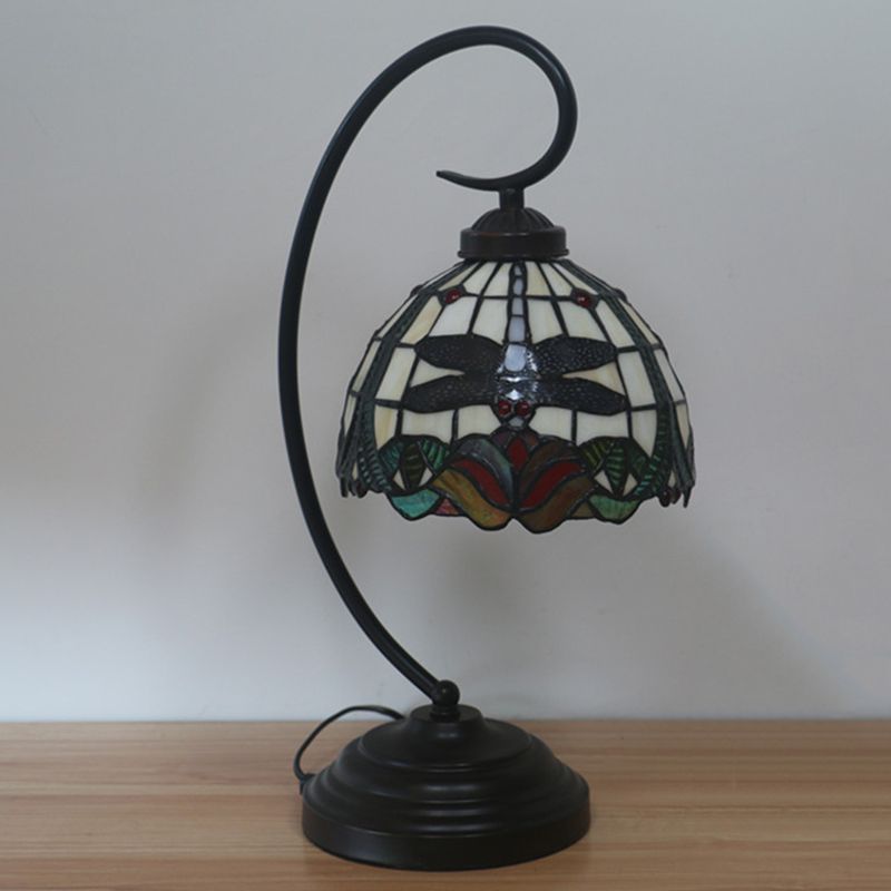 Stained Glass Dome Shade Desk Lamp Tiffany Style 1 Head Beige/Blue Dragonfly Patterned Table Lighting with Swirl Arm