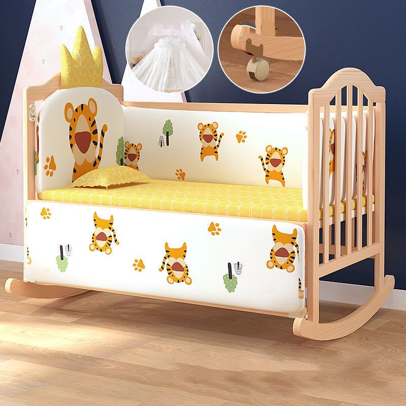 Wood Convertible Baby Crib Nursery Crib with Guardrail and Wheels