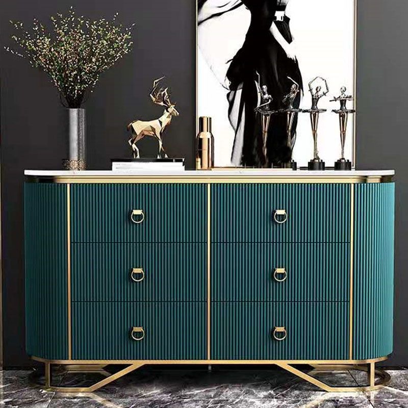 Glam Style Sideboard with 6 Drawer Buffet Table Stone Side Board for Dining Room