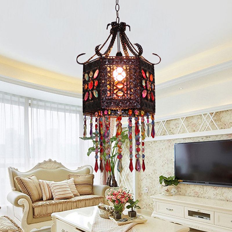 1-Head Stained Art Glass Pendant Lighting Bohemia Copper Hexagon Lantern Bedroom Ceiling Hang Light with Scroll Arm