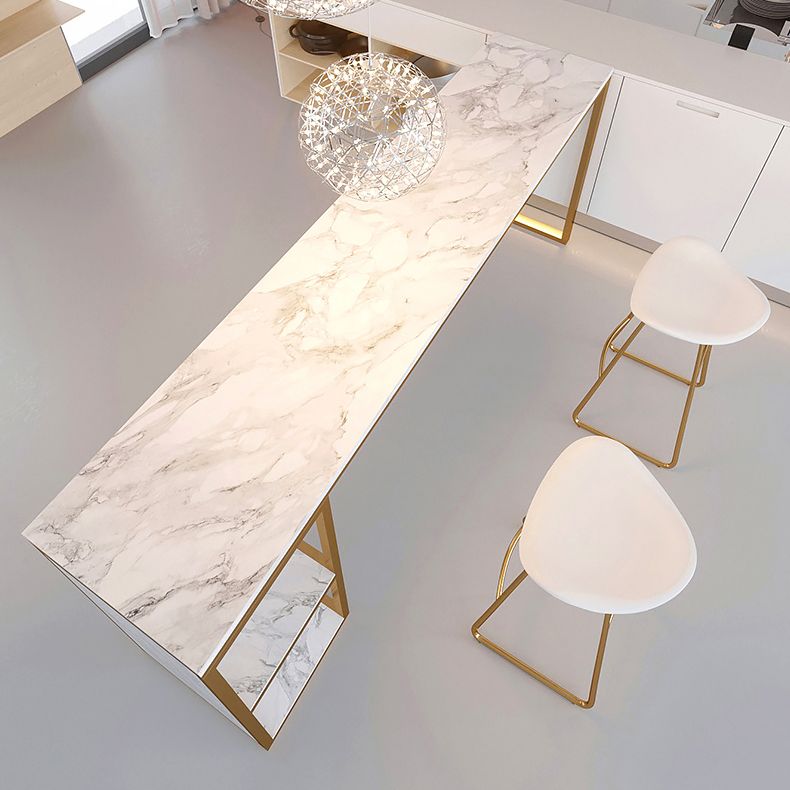 Glam Rectangle Faux Marble Bar Table Double Pedestal Bar Table with 2-Shelf, Only Table