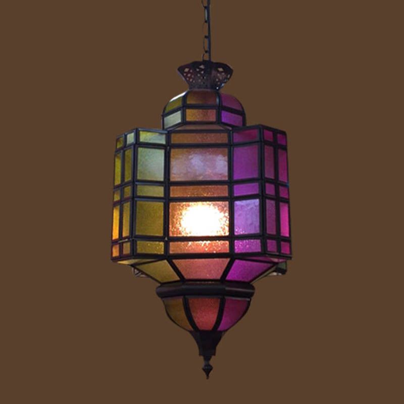 Lantern Restaurant Ceiling Light Antiqued Metal 1 Head Purple Suspension Hanging Lamp