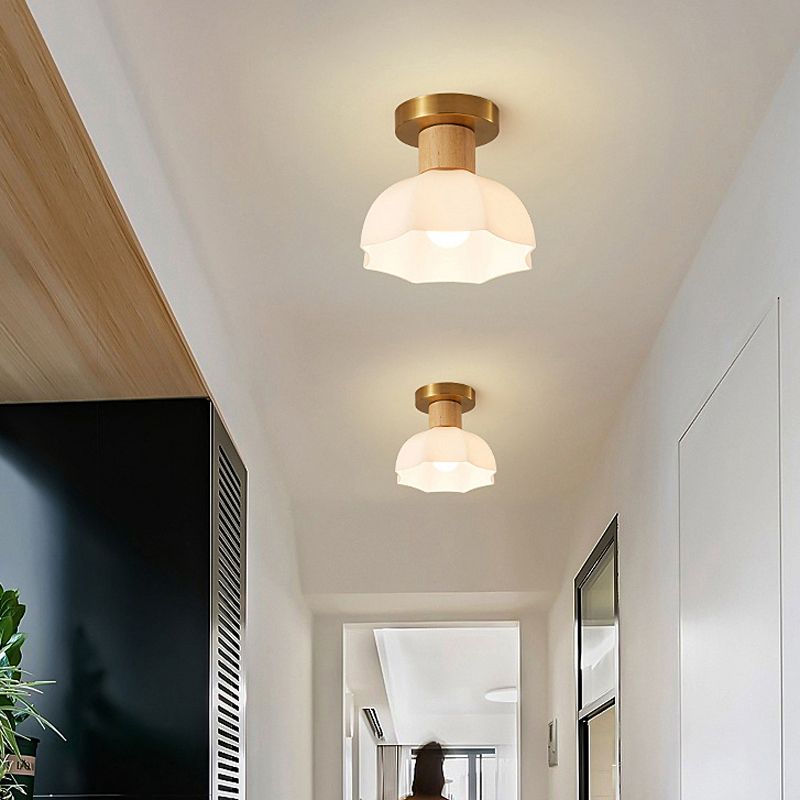 1-Light Ceiling Light Modern Wooden Ceiling Mount Light with Glass Shade for Living Room