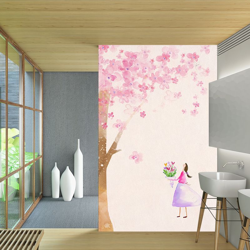 Non-Woven Home Decor Murals Decal Kids Style Girl under Blossom Tree Wall Covering