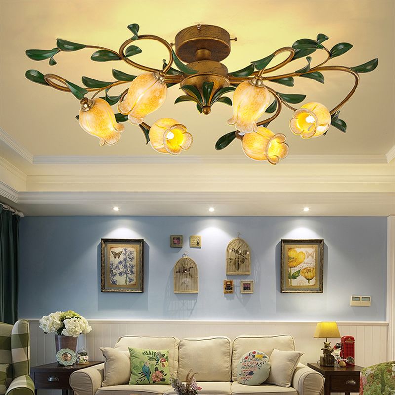 6-Head Pomegranate Flower Flushmount Pastoral Glass Semi Flush Mount Ceiling Light for Dining Room