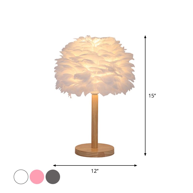 Dome Nightstand Light Nordic Feather Single Bedside Table Lamp in Pink/White/Grey with Wood Pole