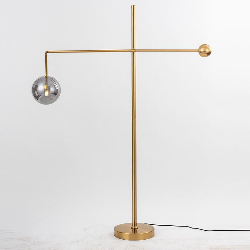 1-Bulb Living Room Floor Lamp Simple Gold Swing Arm Standing Light with Globe Smoke Grey Glass Shade