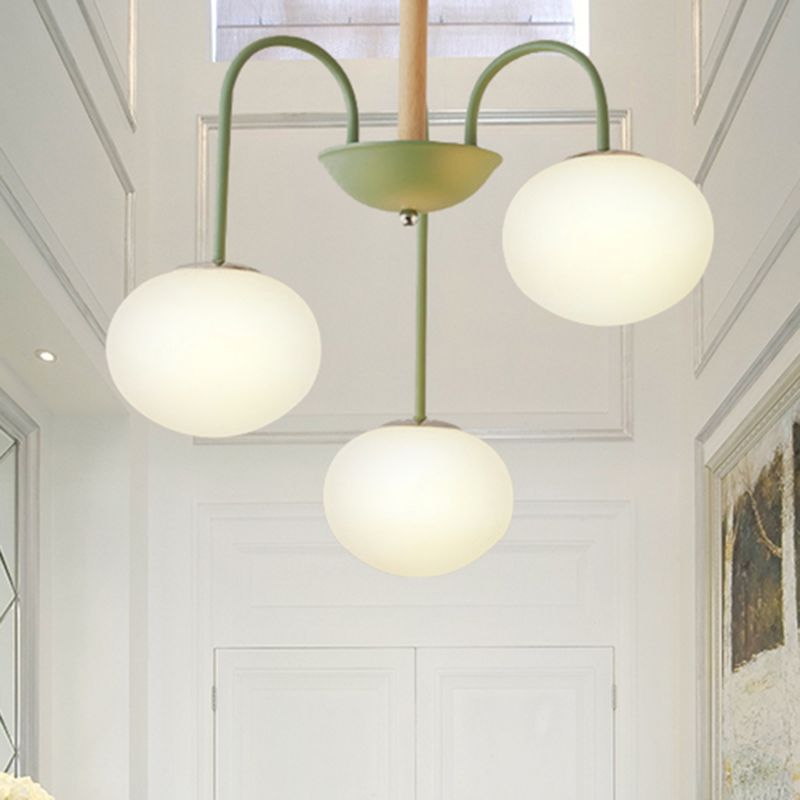 3/5 Lights Living Room Hanging Lamp with Pearl Glass Shade Nordic Gray/Green Semi Mount Lighting, Up/Down