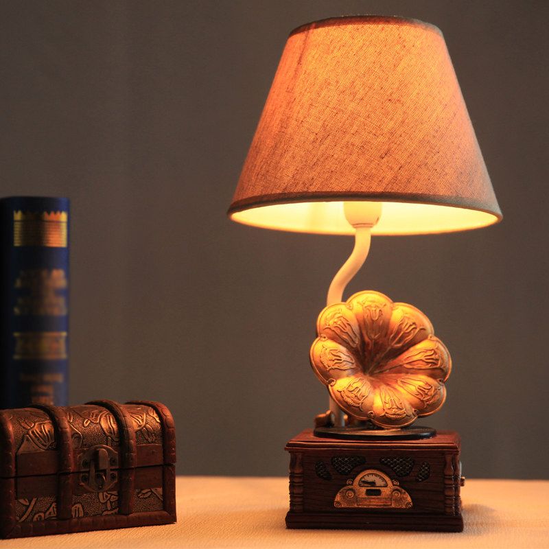 Modern Conical Table Light Fabric 1 Light Study Room Reading Lamp with Phonograph Base in Brown