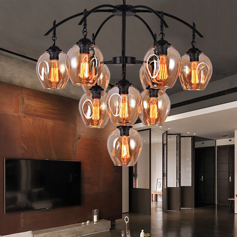 Multi Light Dimpled Glass Pendant Chandelier Industrial Amber Bubble Shade Living Room Hanging Ceiling Fixture