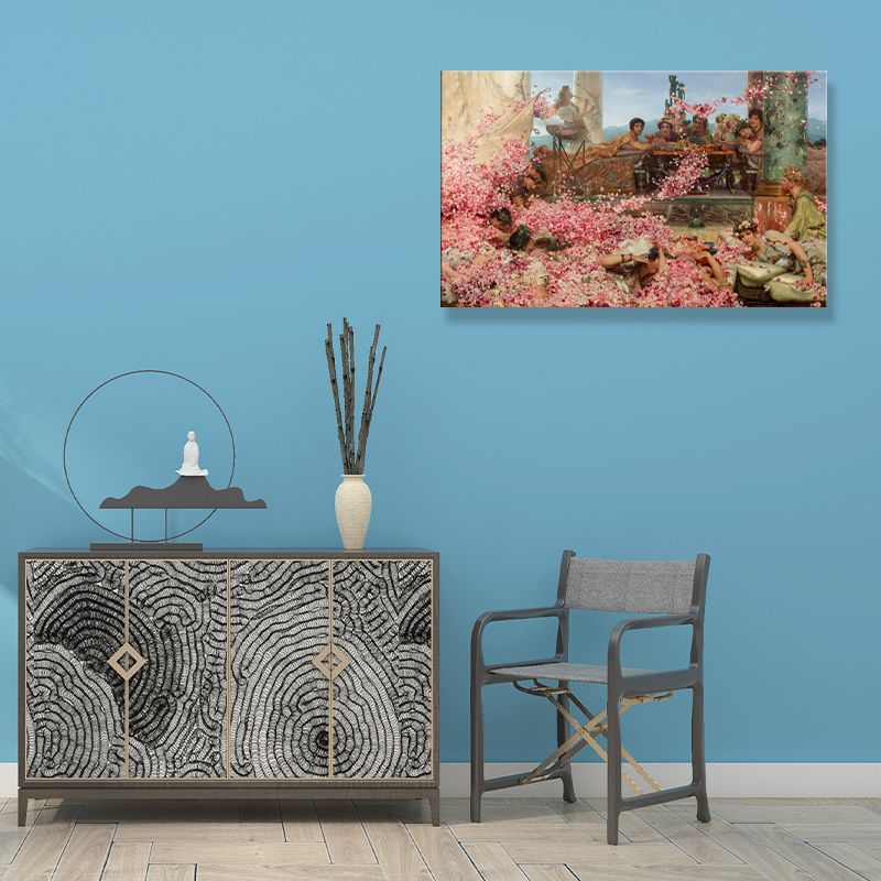 Textured People and Rose Painting Rustic Canvas Wall Art in Pink for Living Room