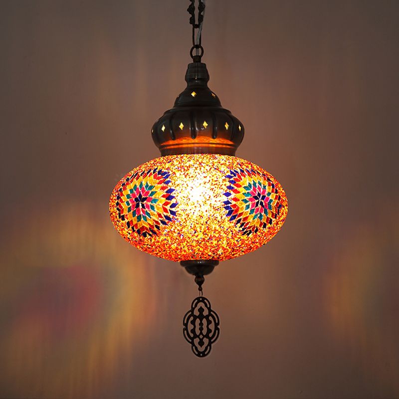 Oval Cut Glass Suspension Light Turkish 1 Bulb Restaurant Pendant Lamp in Orange