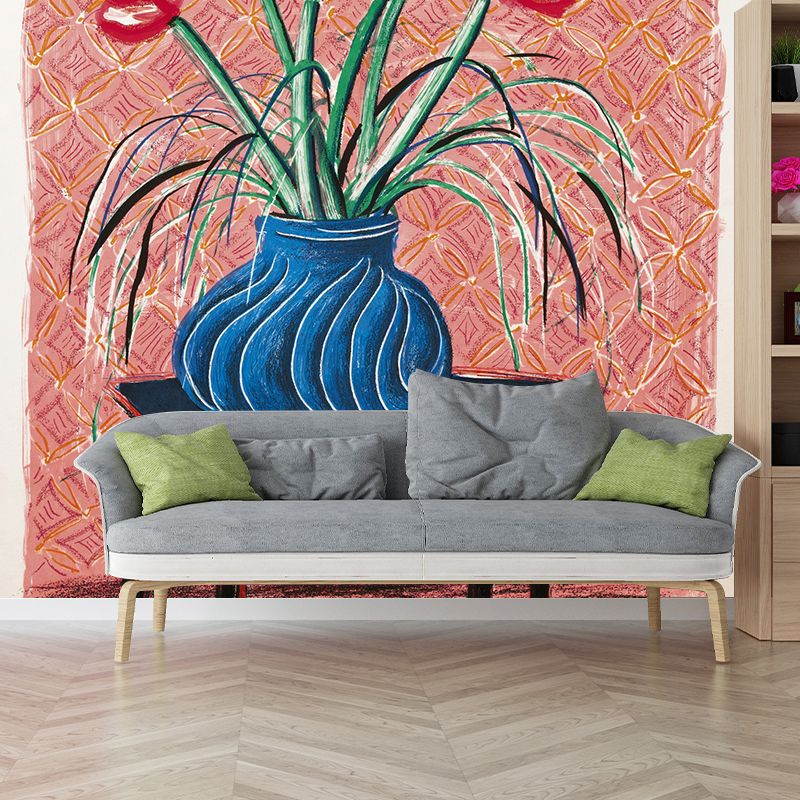 Large Amaryllis in Vase Murals for Bedroom Still Life Wall Art in Pink-Blue-Green, Washable