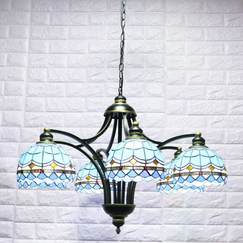 Blue Stained Glass Tiffany Chandelier 6-light 23.5" Wide Living Room Hanging Light with Adjustable Chain