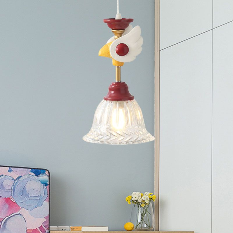 Bell Clear Glass Drop Lamp Cartoon 1-Head Red Down Lighting Pendant with Globe/Bird Design for Bedroom