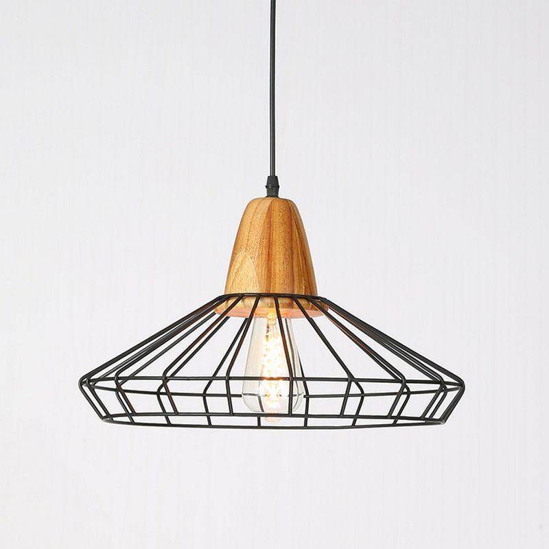 Farmhouse Wire Cage Suspension Lighting 1-Bulb Iron Ceiling Pendant with Wood Socket