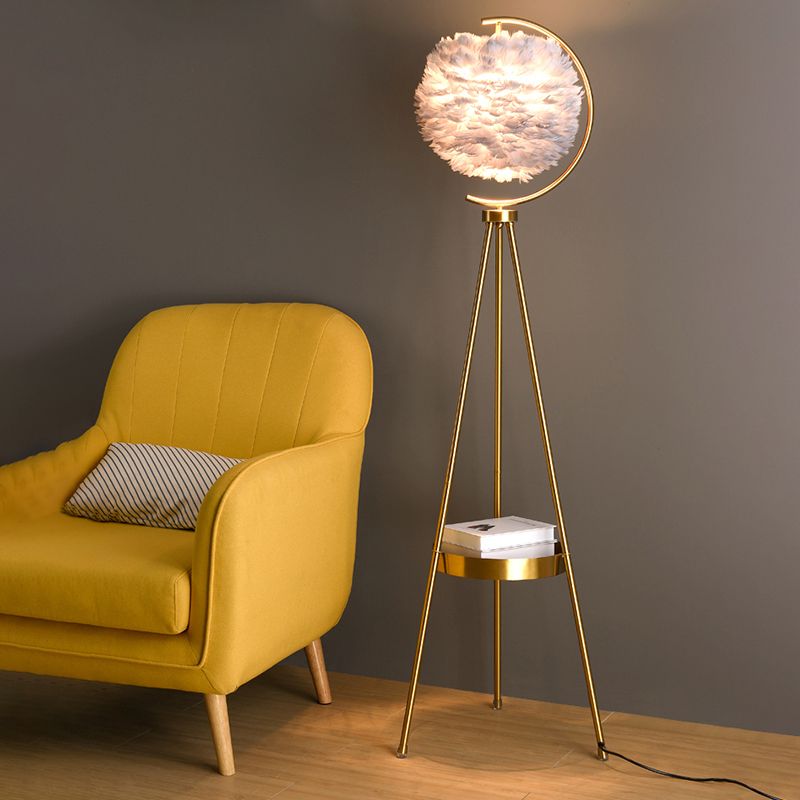 Postmodern Spherical Floor Light Feather 1 Head Living Room Standing Lamp with Tripod Tray