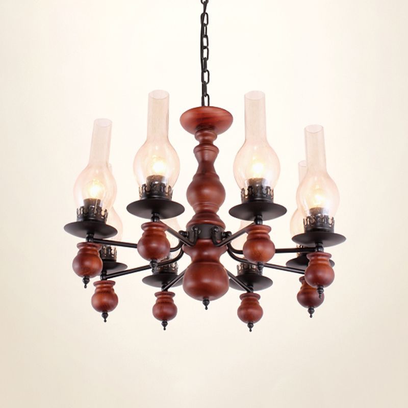 Clear Glass Vase Ceiling Lamp Industrial 8 Heads Living Room Chandelier Lighting Fixture with Wood Column