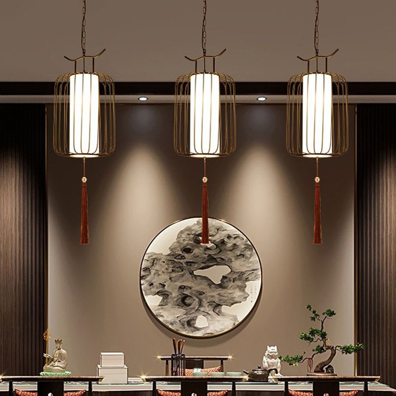 Vertical Cage Shade Pendant Lighting New Chinese Style Retro 1 Light Restaurant Hanging Lamp