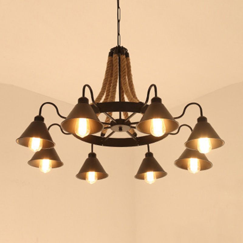 Conical Chandelier Light Industrial Black Iron Suspension Lighting with Wheel and Hemp Decoration