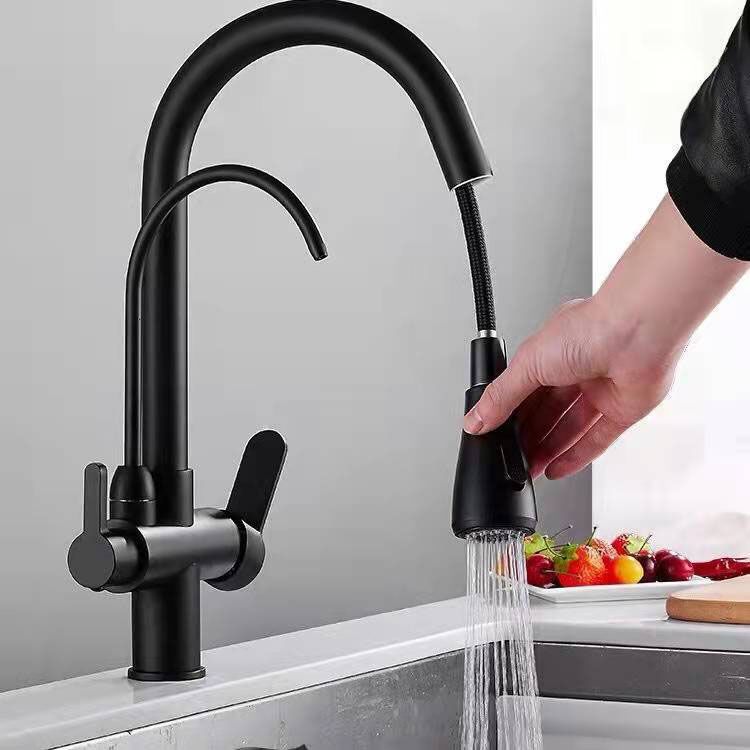 Contemporary Pull down Kitchen Faucet Double Handle High Arch 2-Function Water Filler