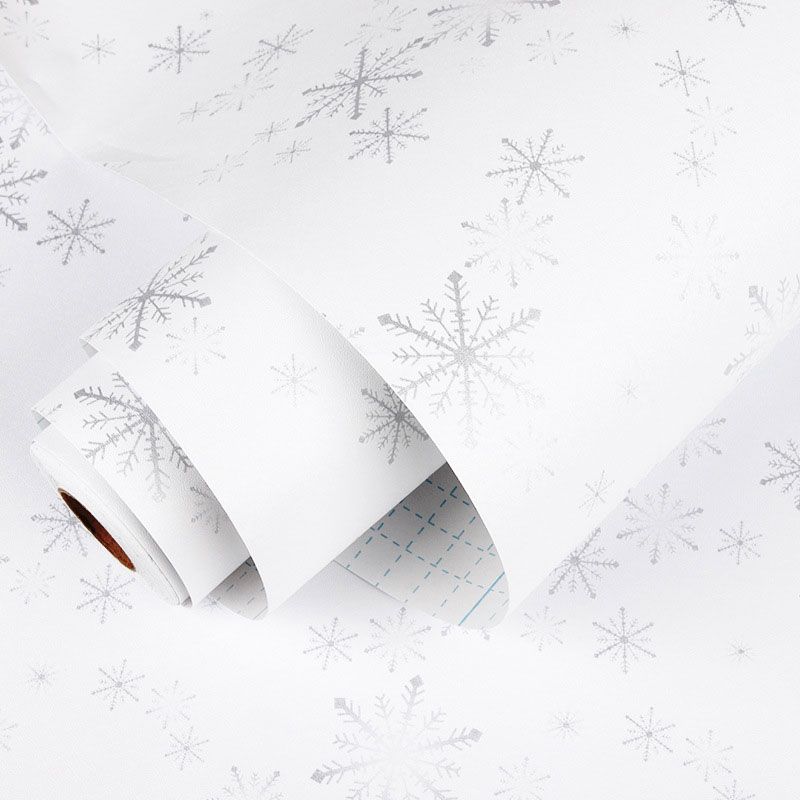 Minimalist Snowflake Removable Wallpaper Roll for Children's Bedroom, Grey and White, 96.8 sq ft.