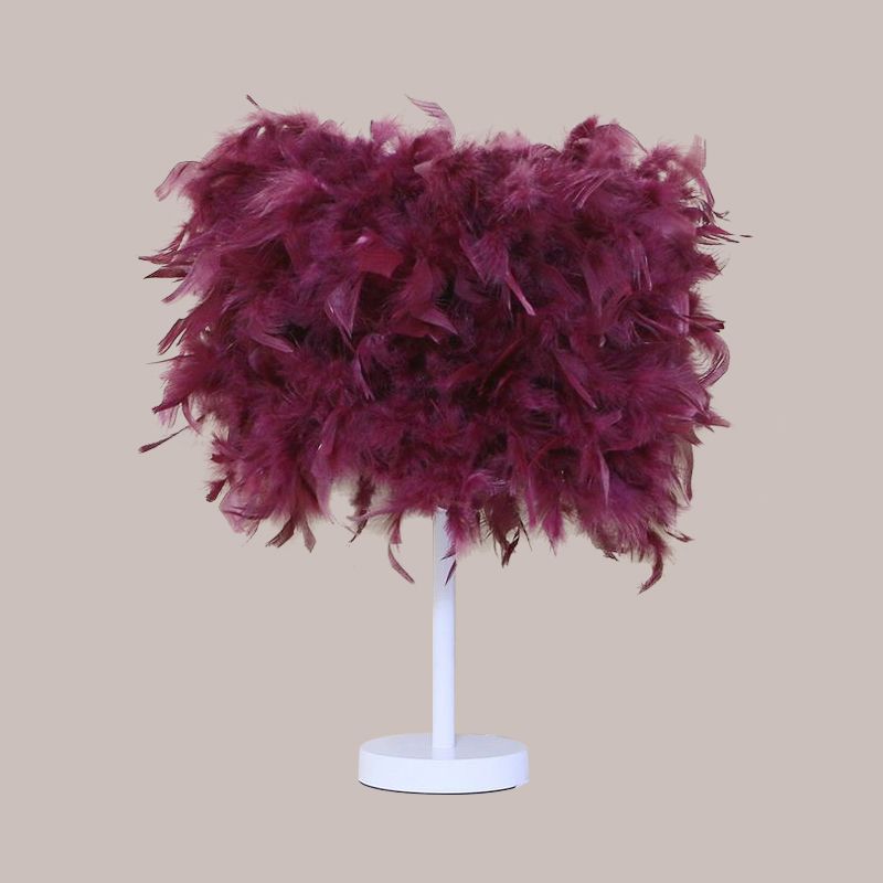 10"/14" Wide Cylinder Shaped Night Light Modern Feather 1 Head Bedside Table Lamp in Pink/White/Purple