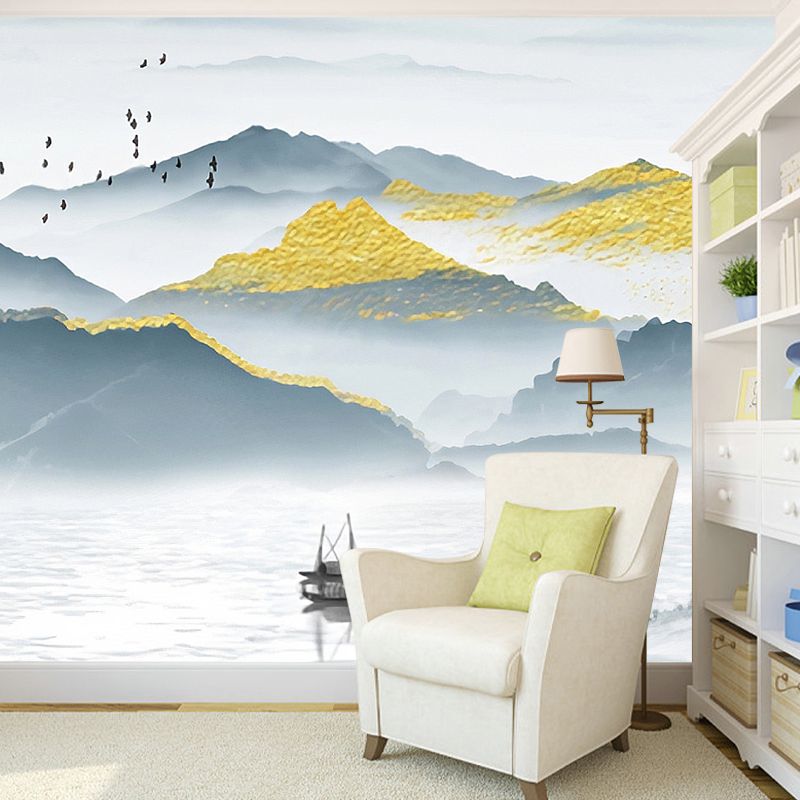 Vintage Mountain and River Mural for Accent Wall, Extra Large Wall Covering in Blue and Grey