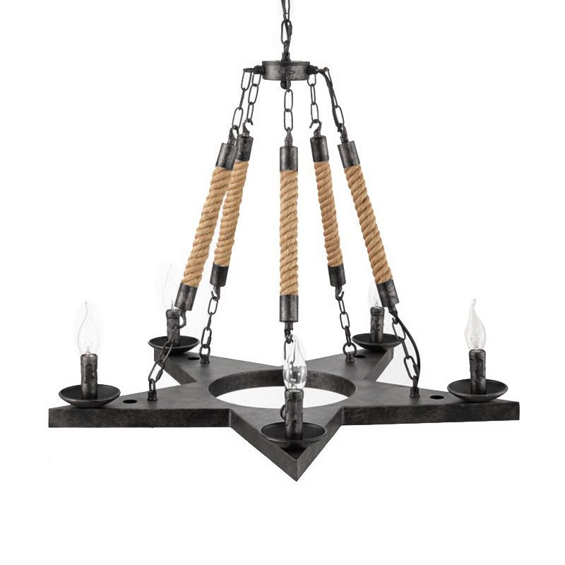 Metal Star-Shaped Chandelier Pendant Light Retro 5 Lights Restaurant Hanging Ceiling Fixture in Black/Rust